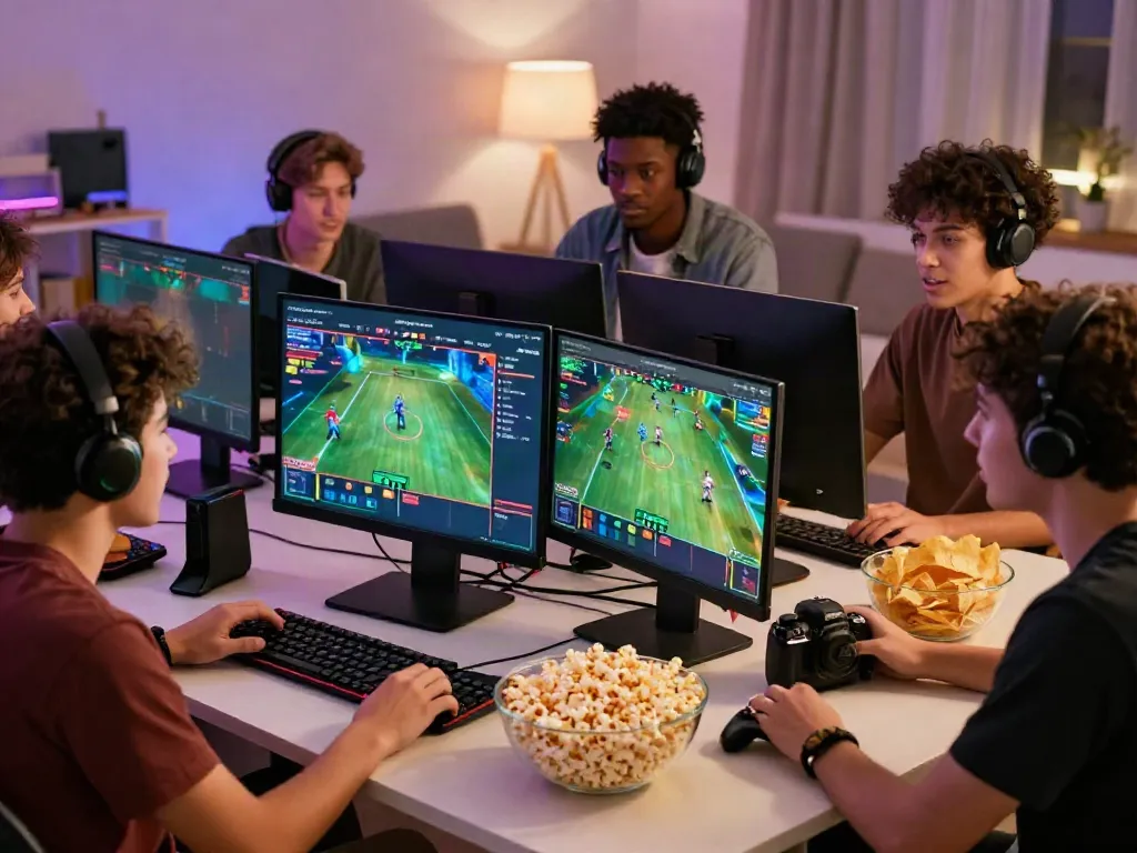 Friends joyfully engaging in sports betting on the UK88 platform in a cozy living room.