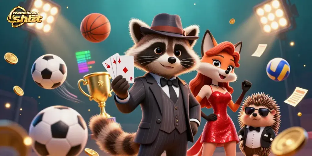 Engage with excitement on trang chủ shbet as a raccoon shows a royal flush amidst dynamic sports elements.