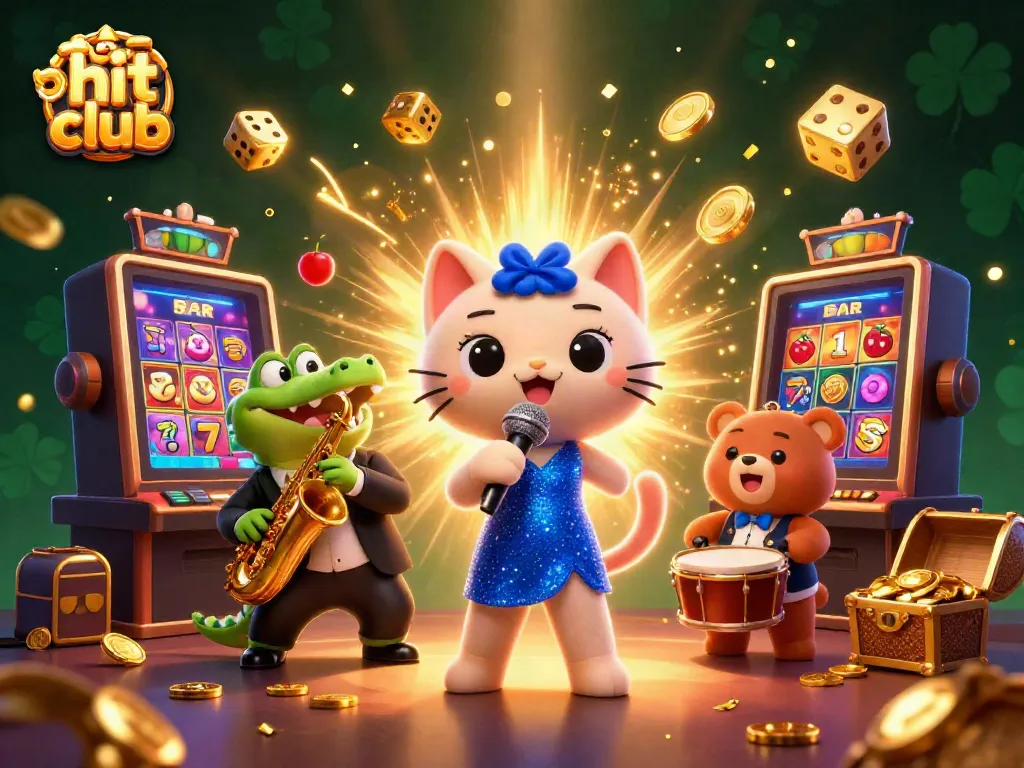 Enjoy exciting gaming at tải hit club with a vibrant scene featuring casino characters and dazzling game elements.