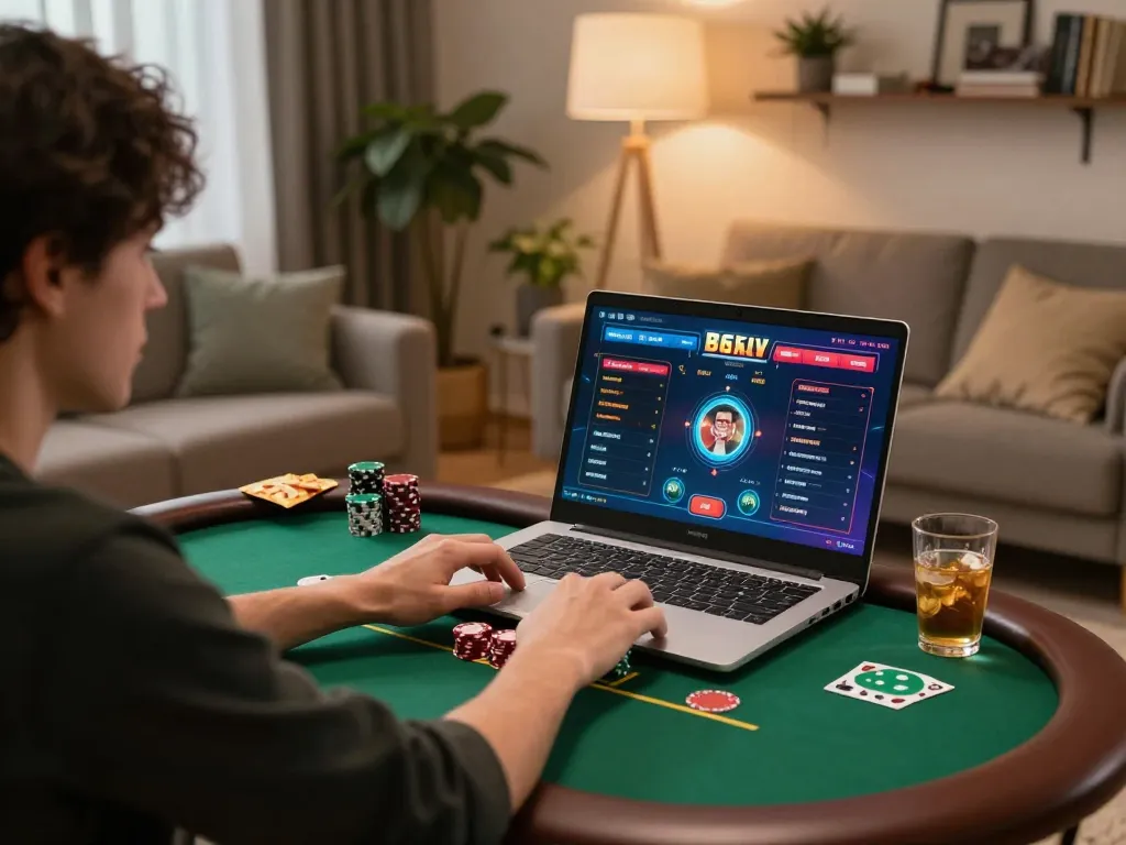 Engaged player using KJC gaming platform at home for strategic online poker session.