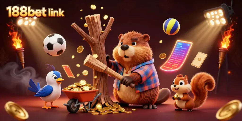 Engaging 188bet link scene with a cartoon beaver, bird, and squirrel amidst flying sports elements.