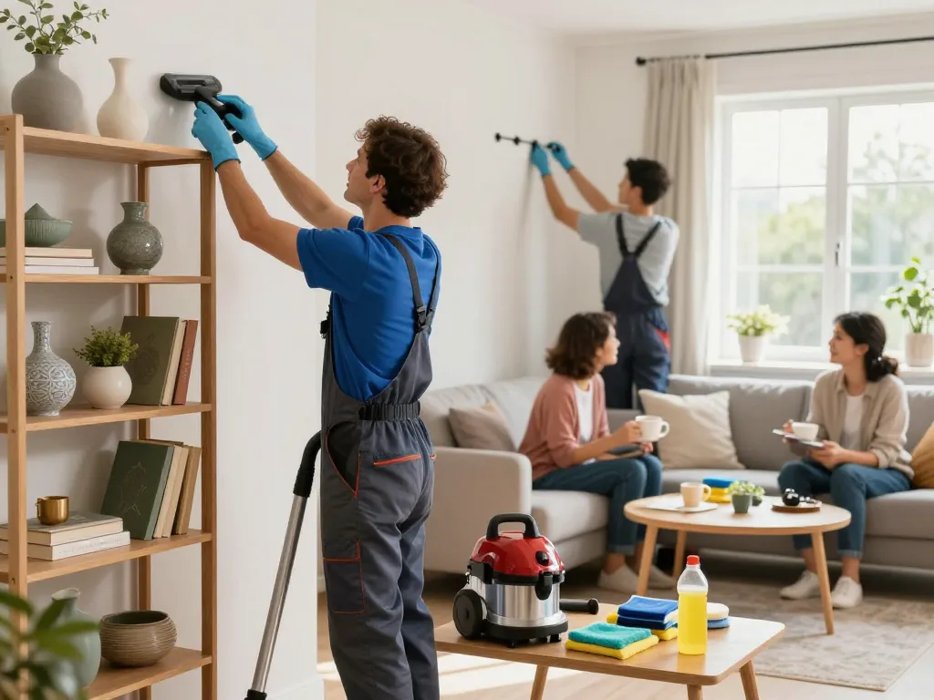 Profesionales de servicios para el hogar mejorando el espacio vital para las familias con limpieza y reparaciones, irradiando calidez y profesionalismo.