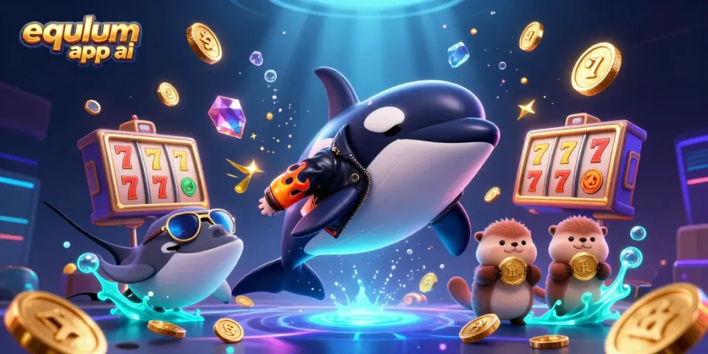 Experience winning trades with the equlum app ai, featuring vibrant slot symbols and animated underwater characters.