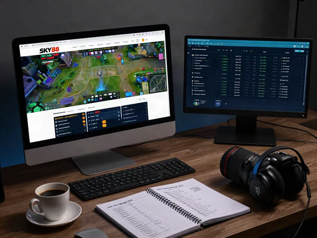 Sky88 online betting setup with sleek desktop, smartphone, and strategy notes.