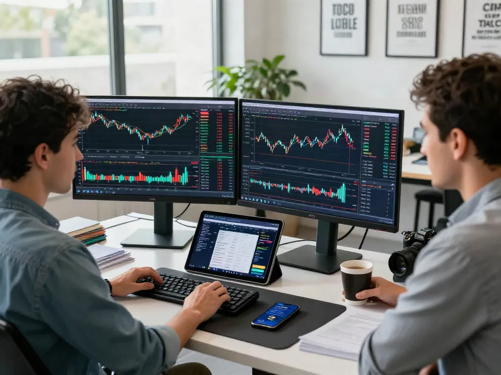 Transacción de criptomonedas en Phuwerte Inwersowia con análisis en el monitor y café en la mesa