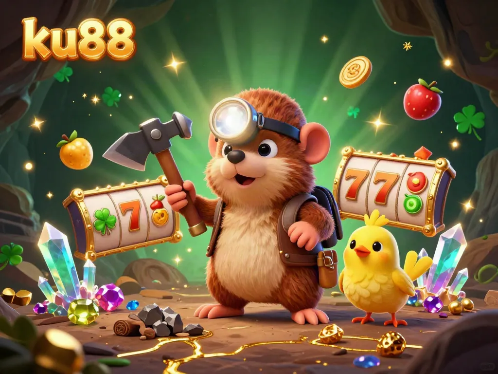ku88 gaming scene with a treasure hunting mole, casino symbols, and glowing gems.
