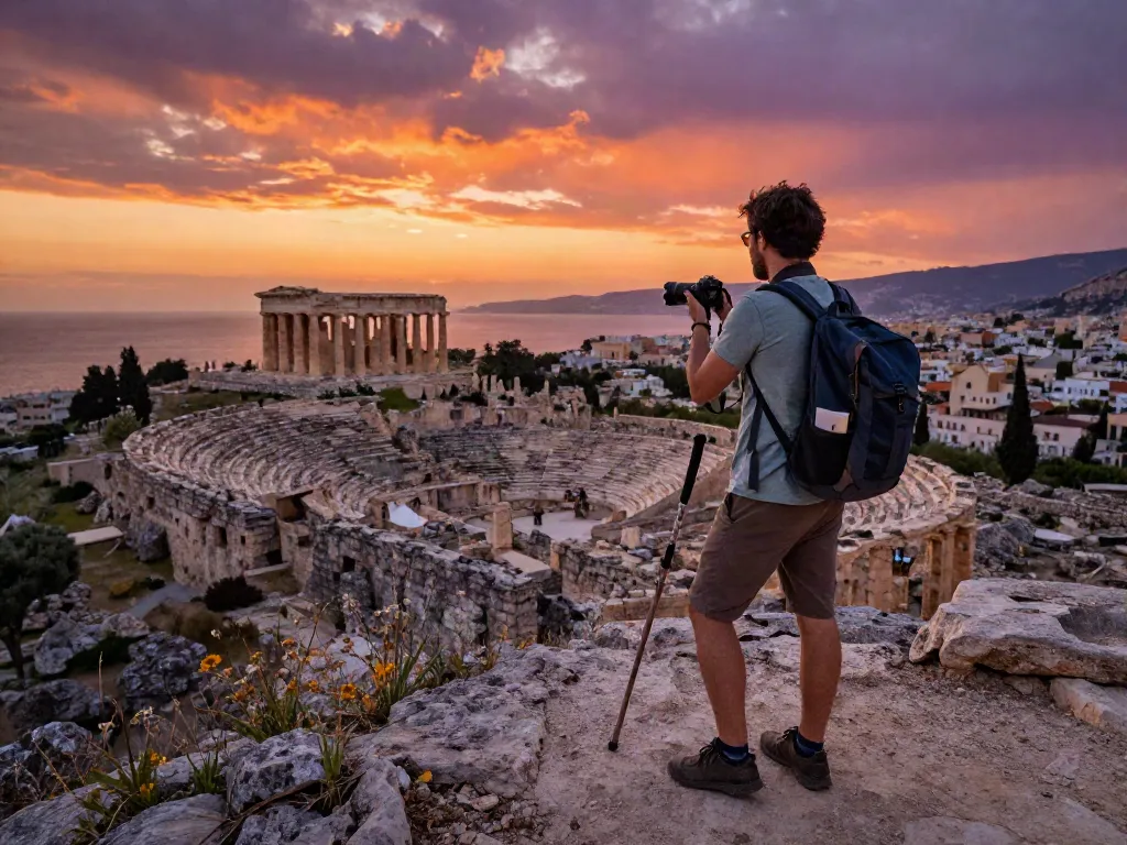 El viajero en Syracuse, disfrutando del atardecer en the-sierakaudalo, rodeado de ruinas antiguas.