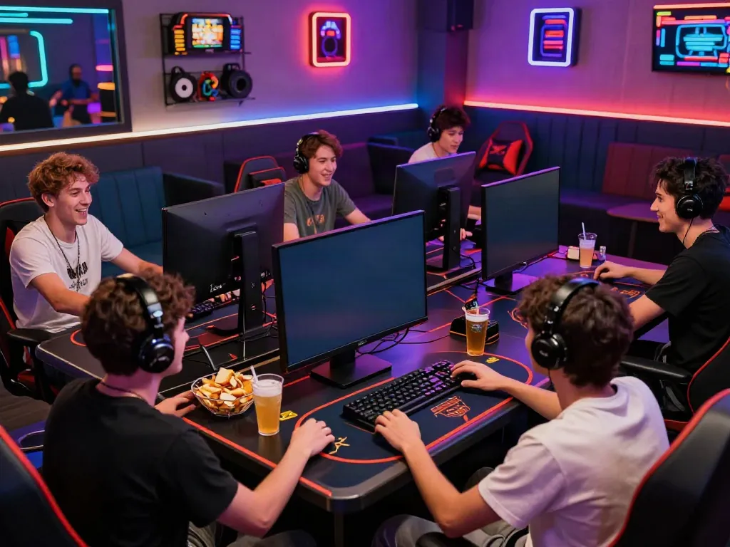 Nohuwin gaming enthusiasts enjoying an interactive online gaming experience in a vibrant lounge setting.