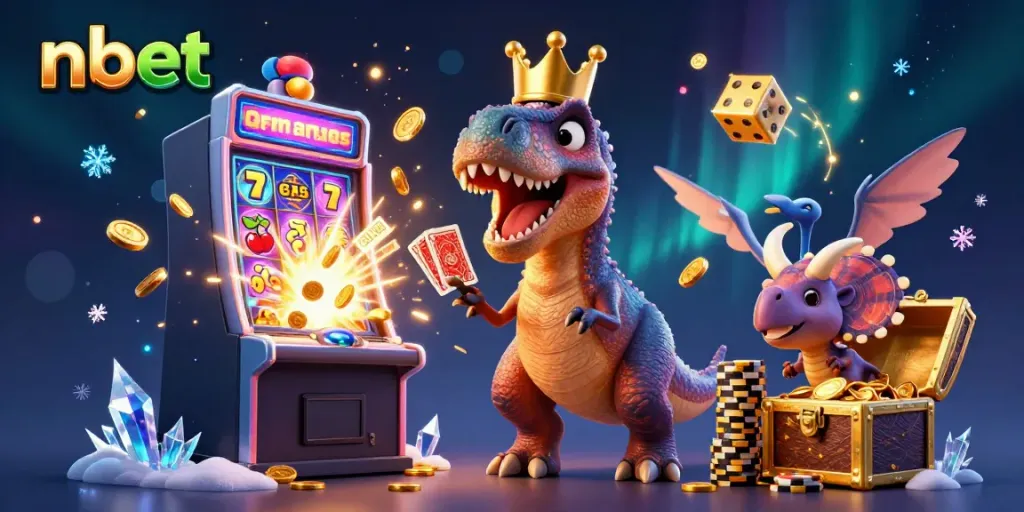 Engage with nbet in this vibrant 3D casino scene featuring dinosaurs playing cards and stacking chips.