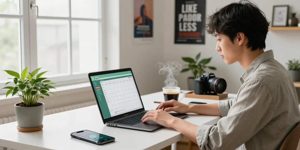 Professional using WhatsApp電腦版 in a stylish home office, surrounded by tech gadgets and natural light.