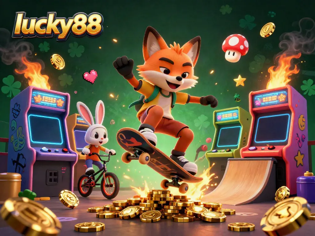 Experience the thrill of lucky88 with vibrant casino elements and animated characters in a colorful arcade.