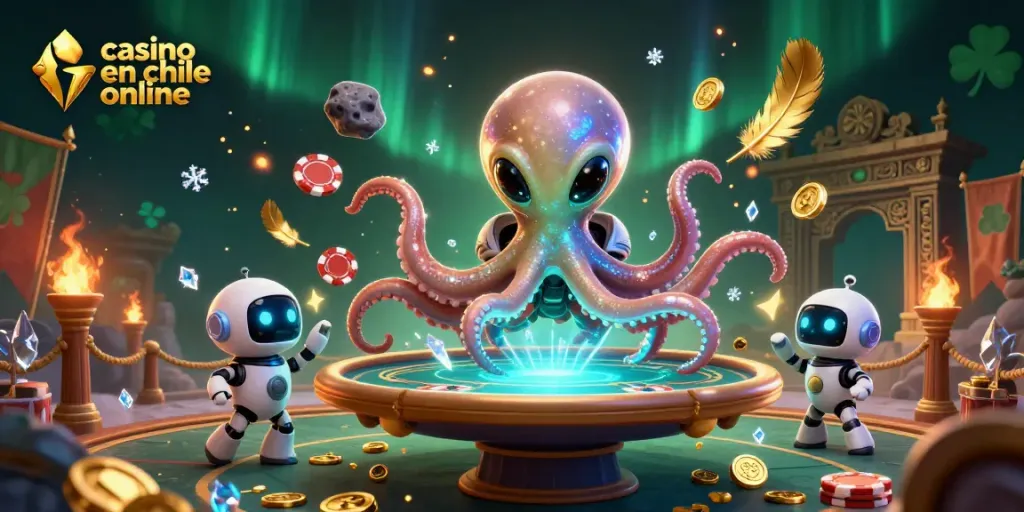 Juega en un emocionante casino en chile online con un pulpo alienígena y su robot amigo en acción.