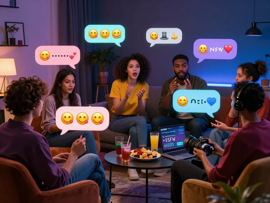 Engaging nsfw chat scene with diverse individuals enjoying playful discussions on a modern interface.