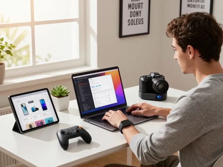 Explore affordable tech gadgets including Bluetooth controllers, smartwatches, and innovative devices in a modern workspace.