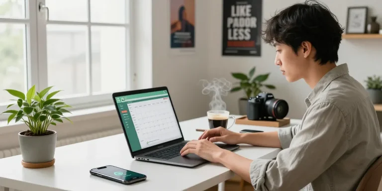 Professional using WhatsApp電腦版 in a stylish home office, surrounded by tech gadgets and natural light.
