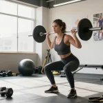 Entrenador levantando pesas en el gimnasio Esteroidesshop, con equipo de fitness y ambiente motivacional.