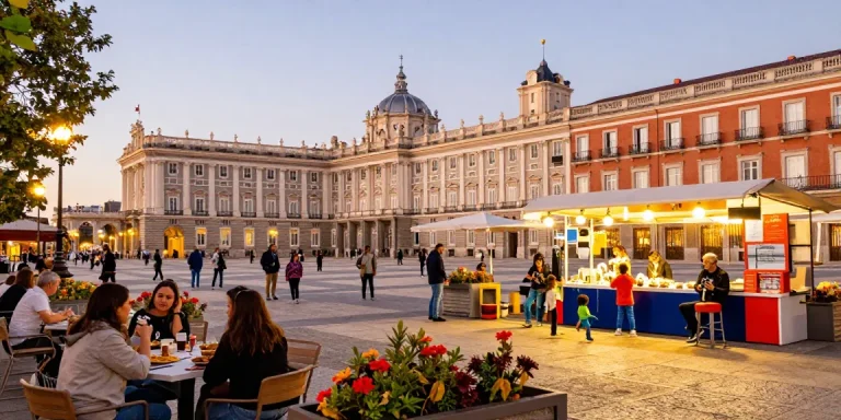 Noticias de Madrid: vibrante escena urbana con personas en plazas y cafés al aire libre durante el atardecer.