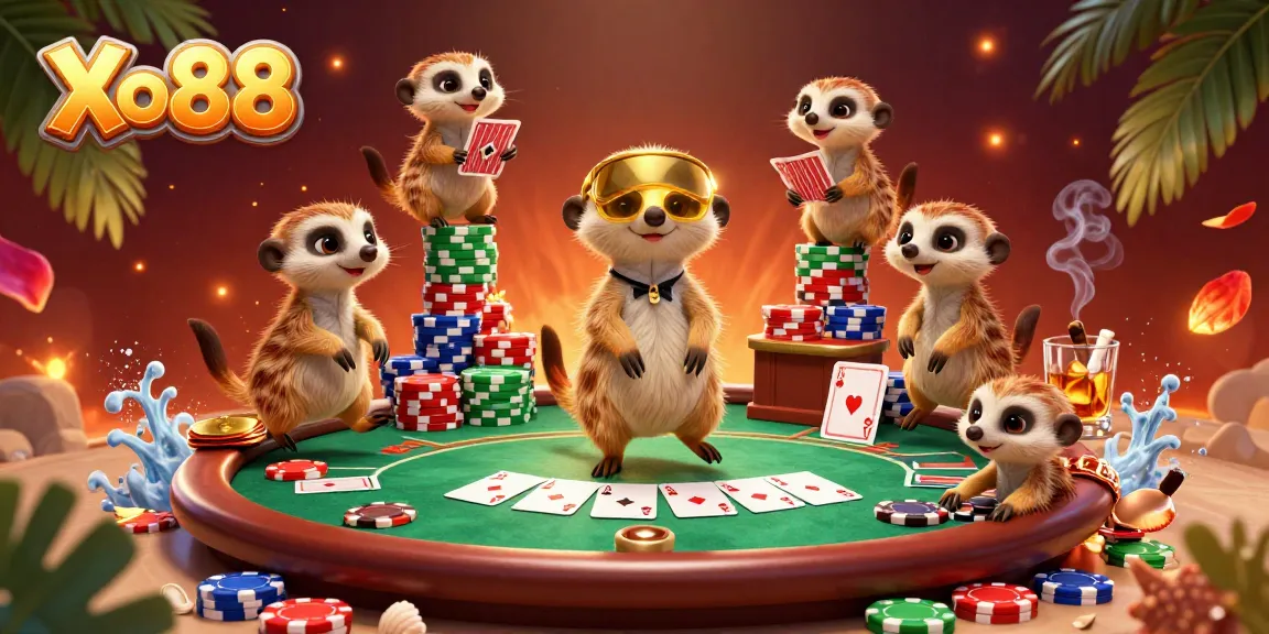 Xo88 showcases a dynamic casino scene with meerkats running a poker game, featuring vibrant poker elements.