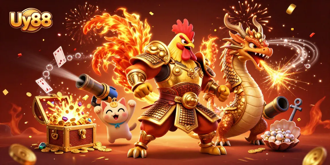 Uy88 offers thrilling games alongside powerful warriors in 3D casino illustration, capturing excitement and strategy.
