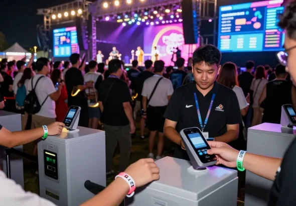 Control de acceso con pulsera con chip at a vibrant festival, showcasing seamless entry and real-time data.