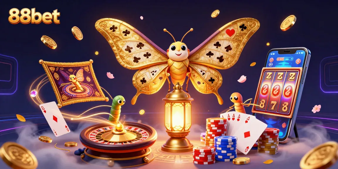 Engage with 88bet's casino vibes through a vibrant 3D scene filled with golden elements.