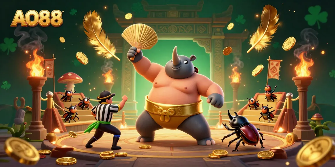 Engage with AO88's vibrant casino scene featuring a beetle sumo champion amidst gold and excitement.
