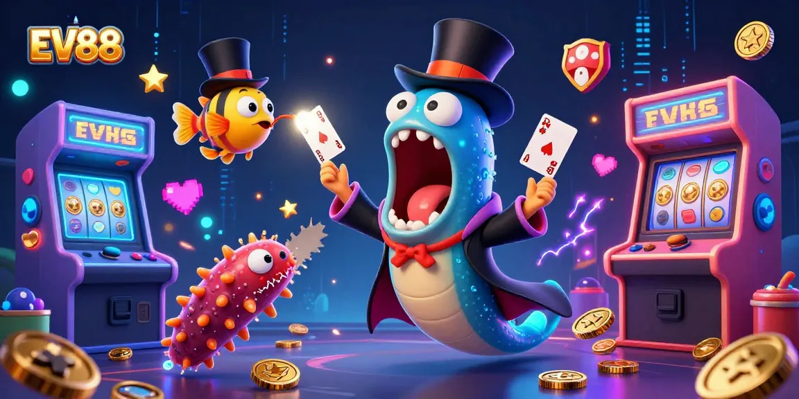 Perform thrilling card tricks with EV88 in this vibrant underwater casino scene.