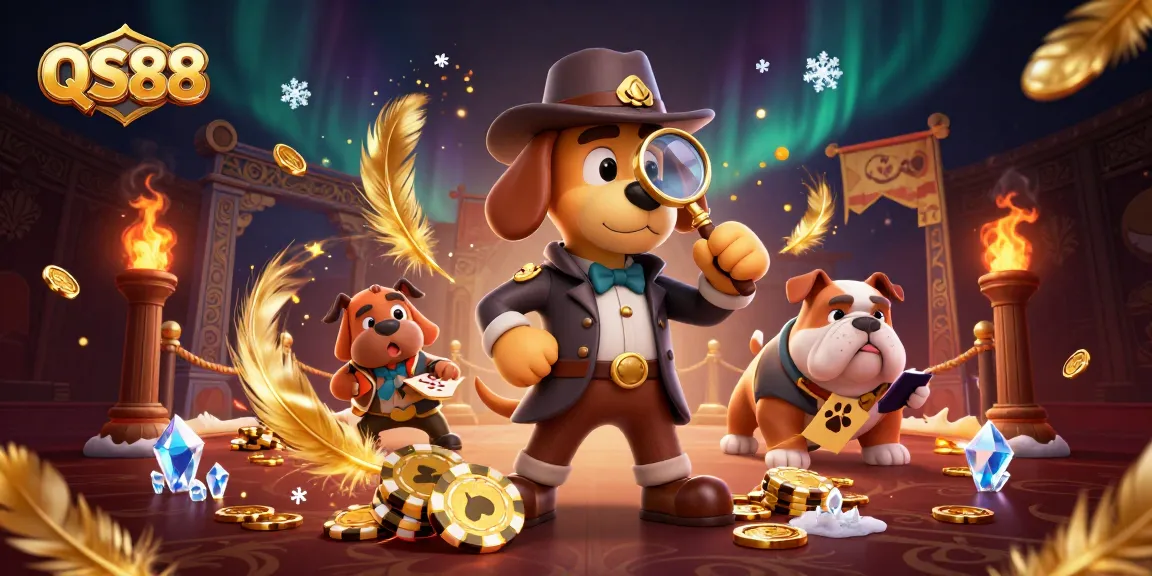 Embark on a treasure hunt with QS88 as the detective dog examines a poker chip clue amidst vibrant casino elements.