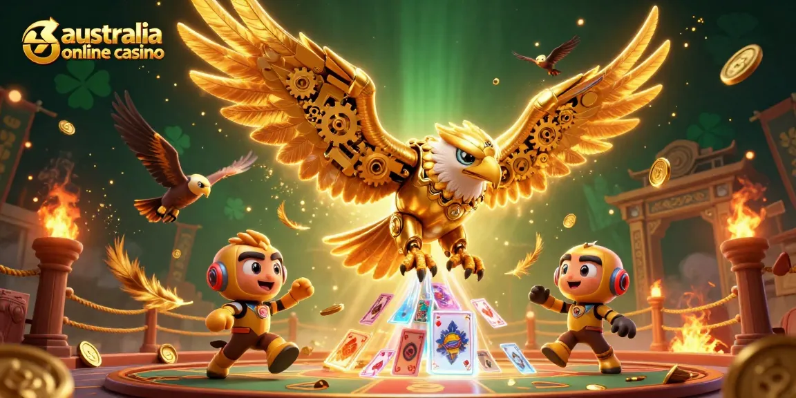 Engage in thrilling gameplay at australia online casino with vibrant golden eagle diving through holographic cards.