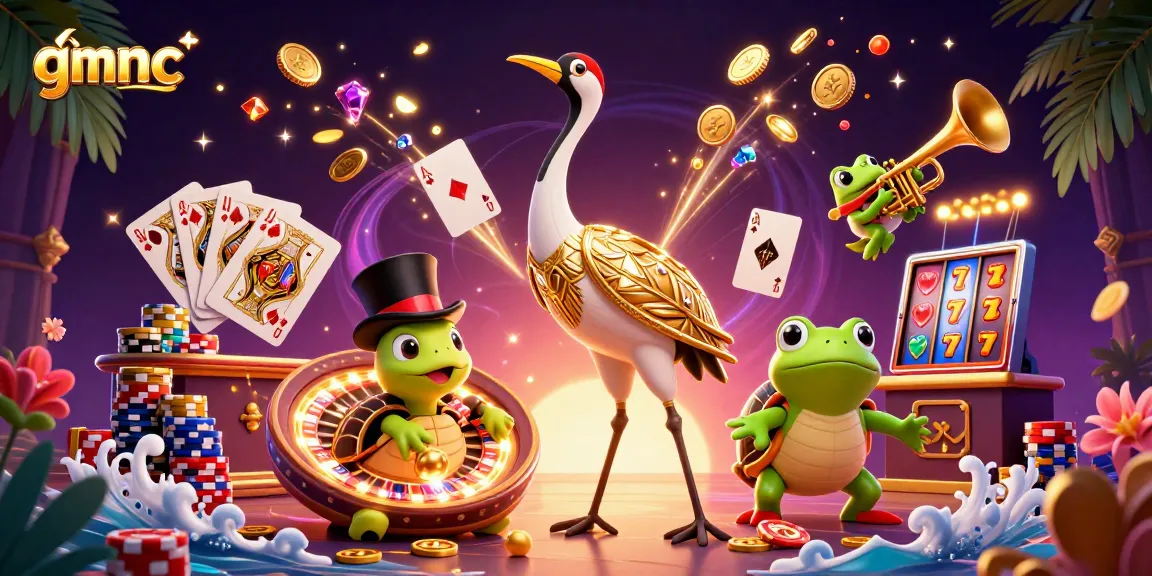 Experience the vivid excitement of gmnc in this dynamic 3D casino scene with cartoon characters and exciting gambling elements.