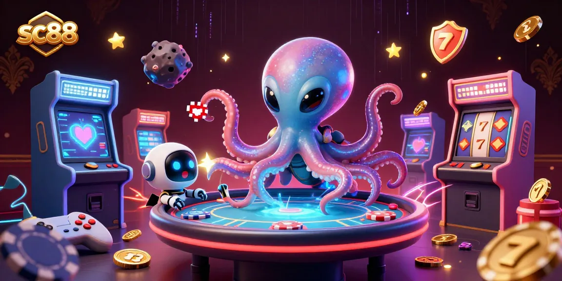 Experience sc88 with an alien octopus conquering a holographic poker table surrounded by dynamic casino elements.