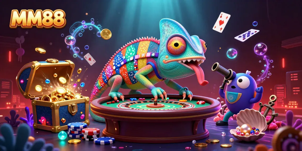 Experience MM88 with a vibrant chameleon casino owner amidst a treasure-filled gaming scene.