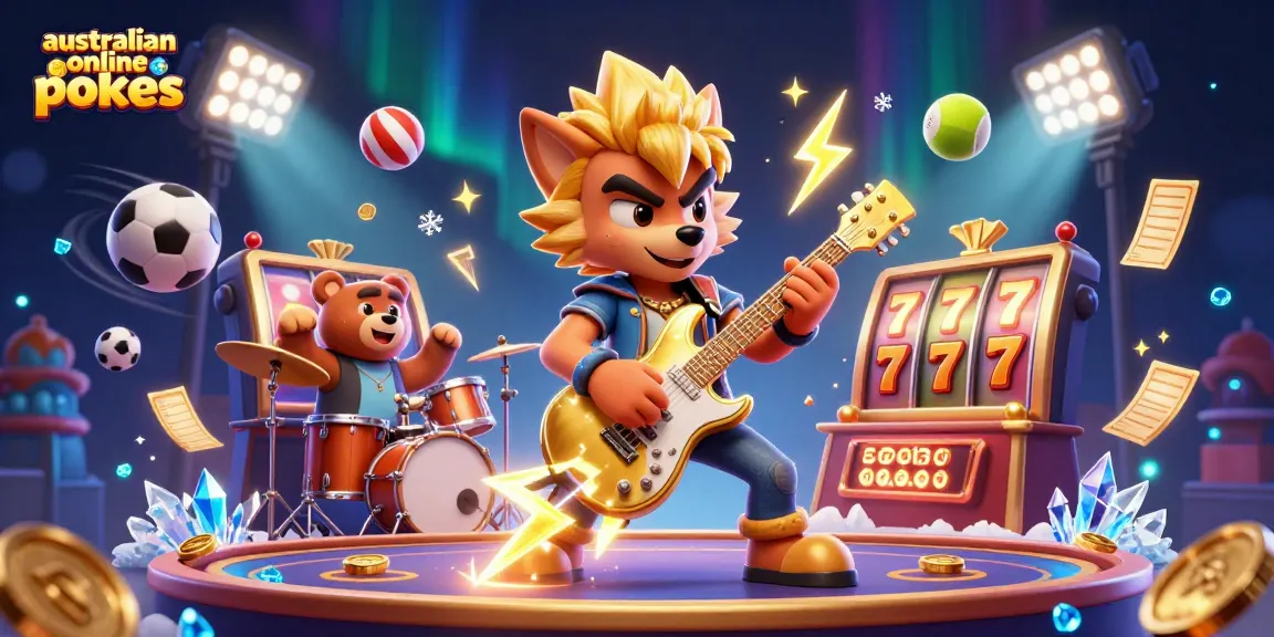 Play australian online pokies with excitement in a rich casino scene featuring animated characters and thrilling game elements.