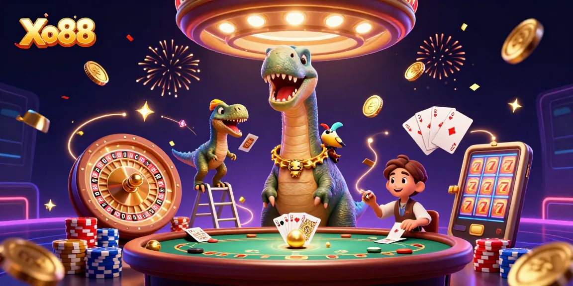 Xo88 features a whimsical casino scene with a giant brontosaurus and clever raptor amidst golden coins and vibrant gaming elements.