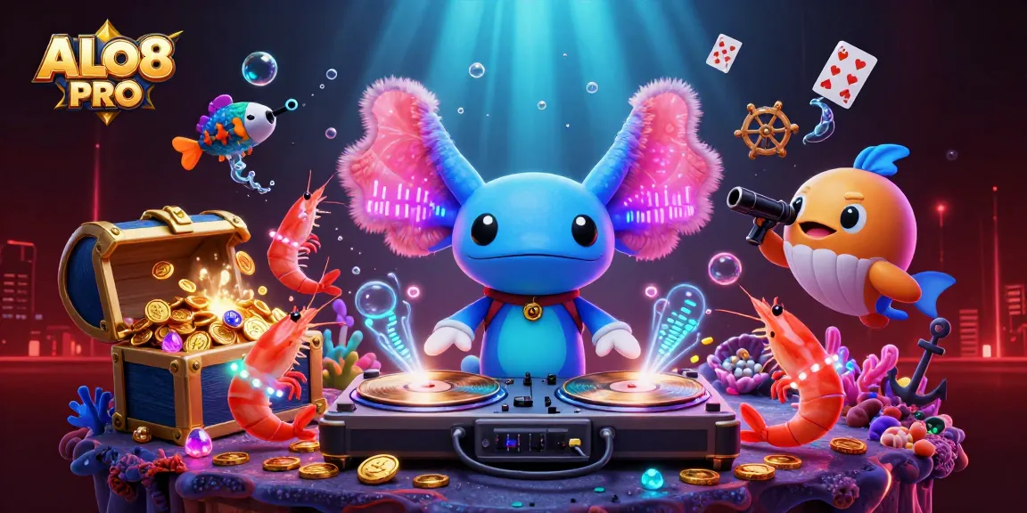 Immerse in ALO8 PRO's vibrant casino with energetic axolotl DJ and glowing underwater treasures.
