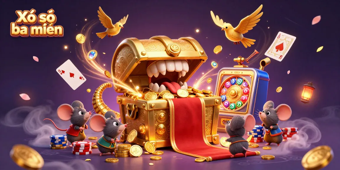 Xổ số ba miền features a vibrant illustration of a treasure chest with glowing coins, lottery elements, and adventurous mice.