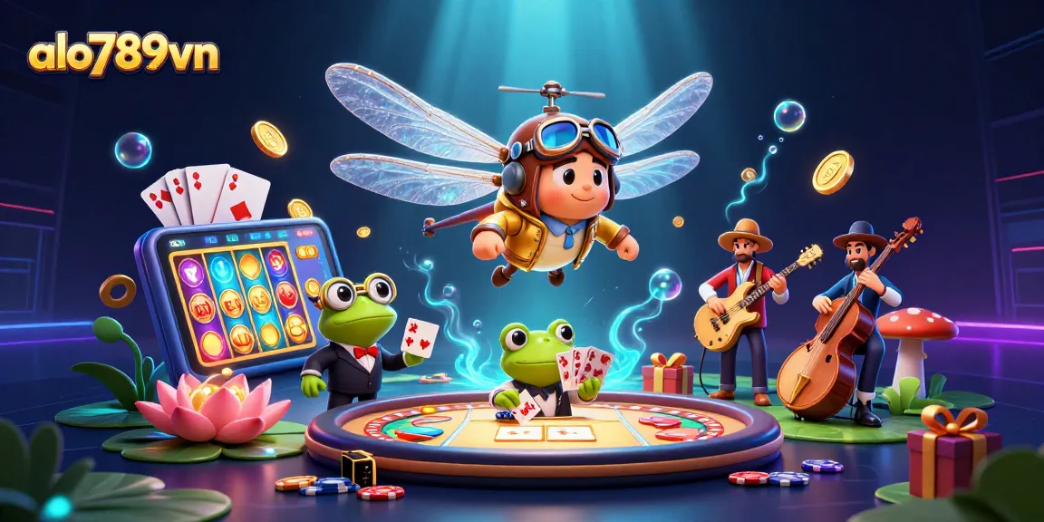 Engage with the vibrant world of gambling at alo789vn, featuring a dragonfly pilot and jazz-playing frogs.