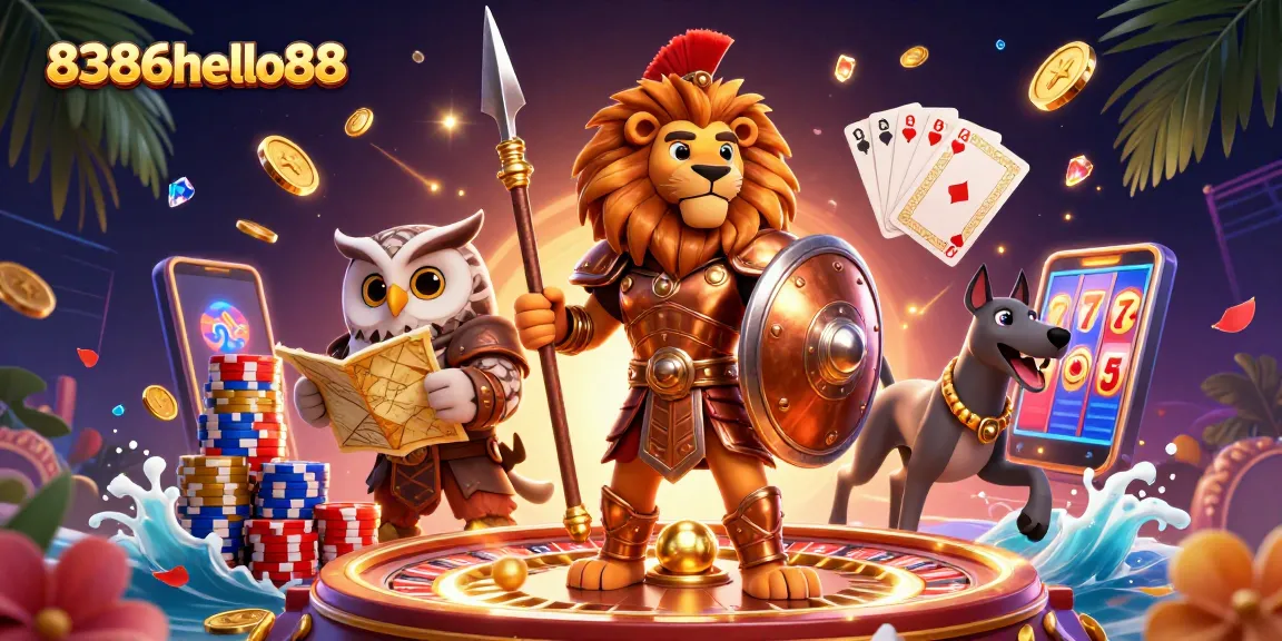 Experience thrilling action with 8386hello88 in this vibrant 3D casino illustration.
