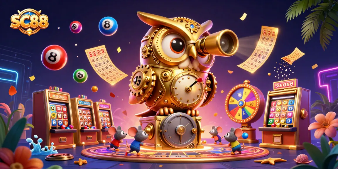 Engage in gaming excitement at SC88 with a vibrant 3D casino illustration featuring a golden owl and dynamic lottery elements.