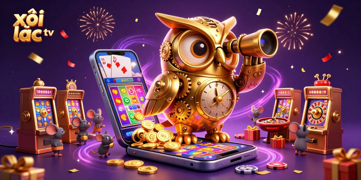 Experience thrilling gaming action with xôi lạc tv's vibrant casino scene showcasing a massive golden owl and mouse patrons.