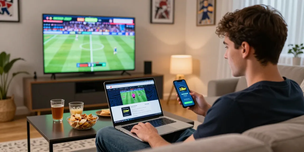 22Bet España user betting live on sports from home, enjoying a cozy atmosphere.
