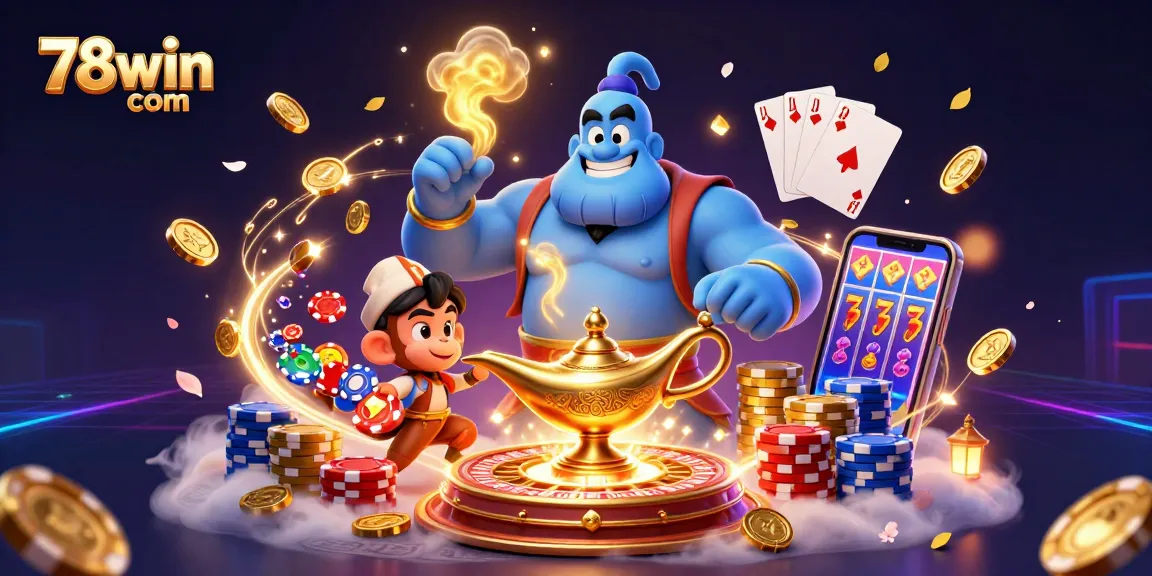 Engage with thrilling casino adventures at 78win com, featuring colorful poker elements and a dynamic genie scene.