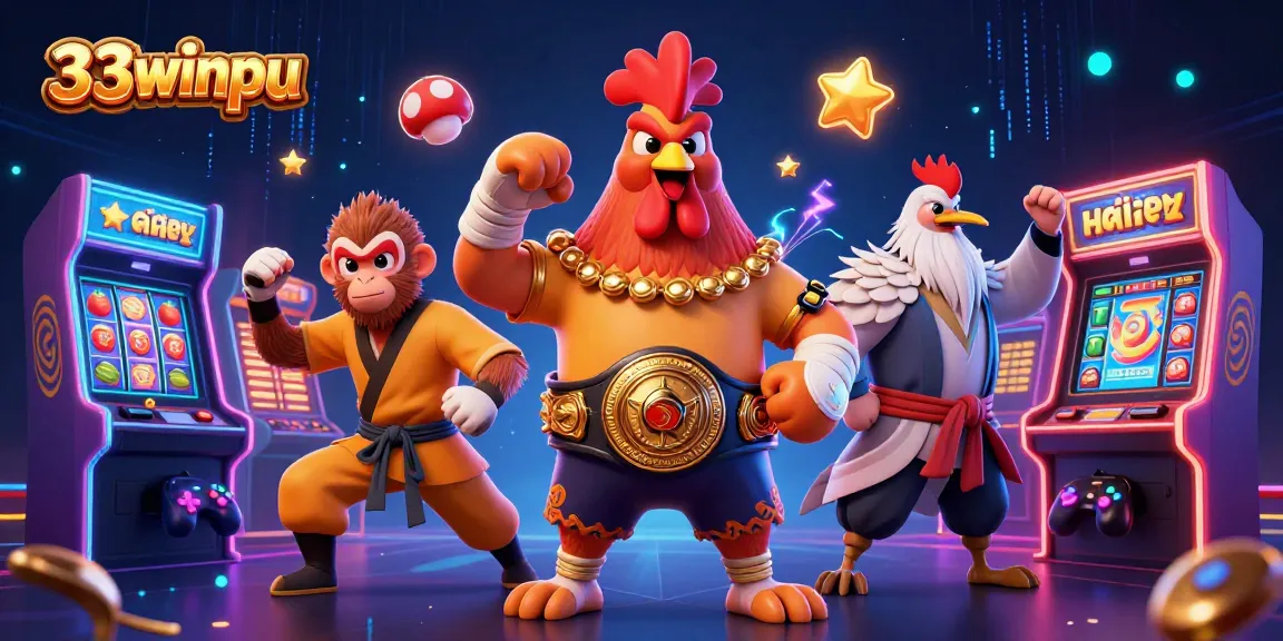 Engage with the vibrant scene of 33winpu featuring a Muay Thai rooster, Shaolin monkey, and crane master amidst colorful casino games.